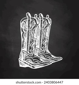 Hand-drawn sketch of leather boots on chalkboard background. Vintage drawing of Latin American national shoes. Vector black ink outline illustration. Mexican culture. Latin America.