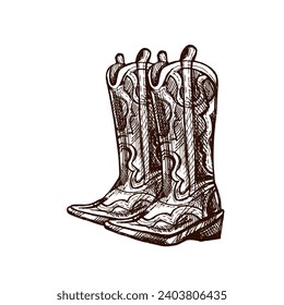 Hand-drawn sketch of leather boots. Vintage drawing of Latin American national shoes. Vector black ink outline illustration. Mexican culture. Latin America.	