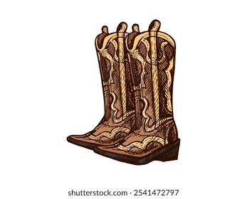 Hand-drawn sketch of leather boots. Vintage drawing of Latin American national shoes. Vector black ink outline illustration. Mexican culture. Latin America.	