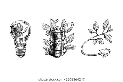 Esbozo hecho a mano de hojas que brotan sobre la batería, bombilla eléctrica de luz ecológica con ambiente de hoja dentro y de clavija de hojas. Energía basada en el concepto de ahorro ecológico. Ilustración detallada del doodle. Vintag