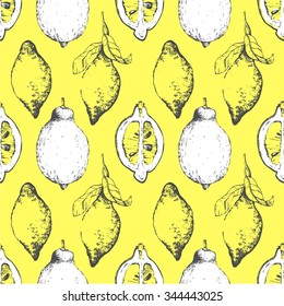Hand-drawn sketch of lemon. ?itrus pattern.Seamless nature background. Fresh organic food. 