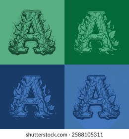 A hand-drawn sketch of the letter "A" creatively formed by detailed leaves. Perfect for nature-inspired typography, botanical designs, logos, and artistic illustrations.
