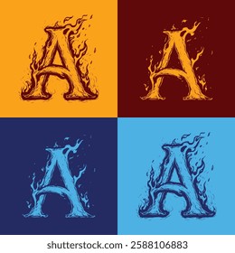 A hand-drawn sketch of the letter "A" formed by flames, with bold and dynamic fire details. Perfect for fiery typography, logos, fantasy art, and tattoo designs.