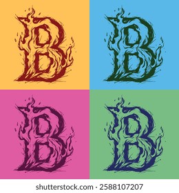 A hand-drawn sketch of the letter "B" engulfed in flames, with bold and dynamic fire details. Perfect for fiery typography, logos, fantasy art, and tattoo designs.