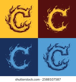 A hand-drawn sketch of the letter "C" engulfed in flames, featuring bold fire details. Perfect for fiery typography, logos, fantasy art, and tattoo designs.