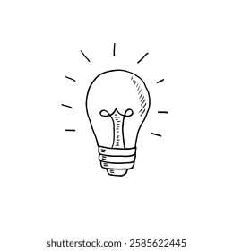 Hand-drawn sketch of a light bulb with lines radiating outward; business idea.