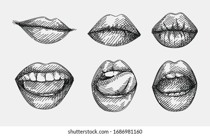 Handgezeichnete Skizze mit Lippenset. Eine Reihe von Lächeln und Küssen Lippen, Lippen lecken die Zunge, Lächeln mit geöffnetem Mund, ernsthafte, sexy, verführerische Lippen.