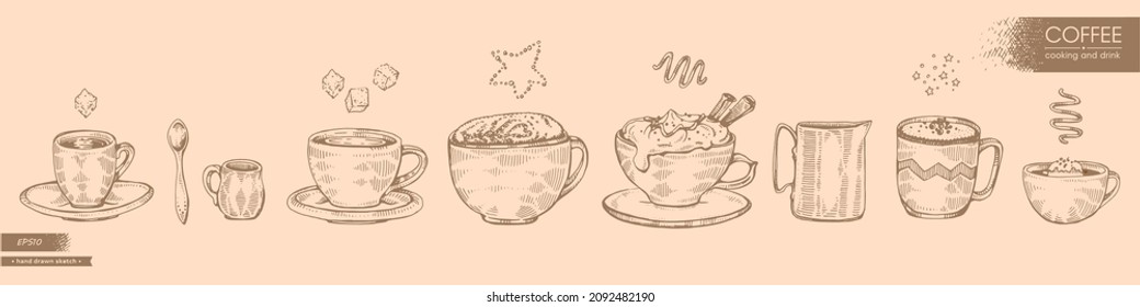 Hand-drawn sketch list of different coffee cups and cooking, vector illustration.