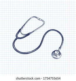 Hand-drawn sketch of Littmann Classic Stethoscope. Medical tools. First aid. Classic Stethoscope. Stethoscope to measure auscultation, or listening to the internal sounds of an animal or human body.	
