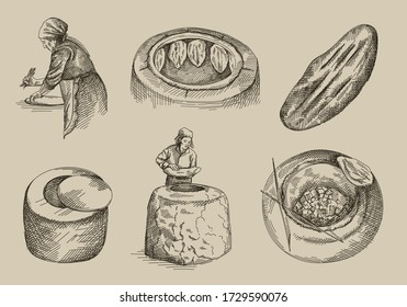 Hand-drawn sketch of the making Azerbaijan national tandir bread, pita or pide bread dough. Cay oven for baking tandir bread. Top view. Tandir hanging and baking in the clay oven.	 svg