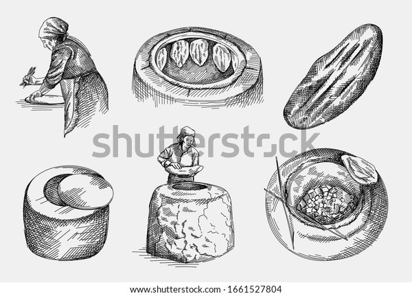 Hand-drawn sketch\
of the making Azerbaijan national tandir bread, pita or pide bread\
dough. Cay oven for baking tandir bread. Top view. Tandir hanging\
and baking in the clay oven.\
