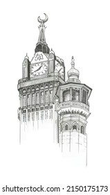 Hand-drawn Sketch of the Makkah Clock Tower. Illustration. 
Architecture 