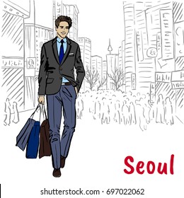 Hand-drawn sketch of man at Myeongdong, Seoul, South Korea