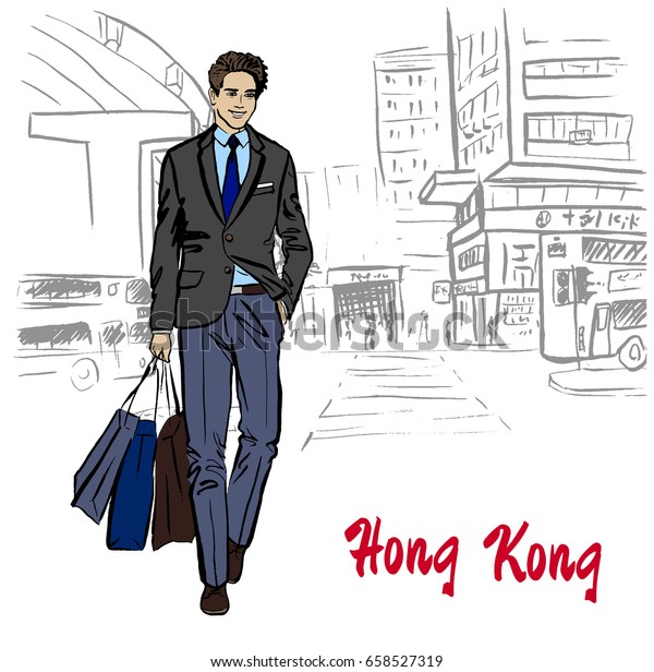 Hand-drawn\
sketch of man on Hong Kong street in\
China