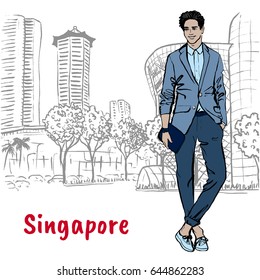 Hand-drawn sketch man on Orchard Road in Singapore