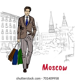 Hand-drawn sketch of man with shopping bags in Moscow, Russia