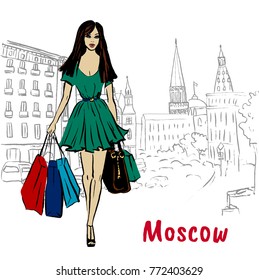 Hand-drawn sketch of man with shopping bags in Moscow, Russia