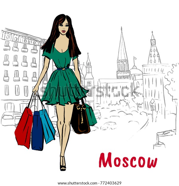 Hand-drawn sketch of man with shopping bags in\
Moscow, Russia