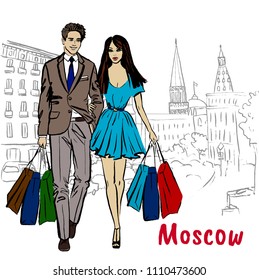 Hand-drawn sketch of man and woman with shopping bags in Moscow, Russia