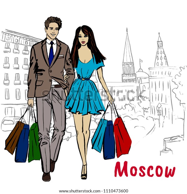 Hand-drawn sketch of man and woman with shopping\
bags in Moscow,\
Russia