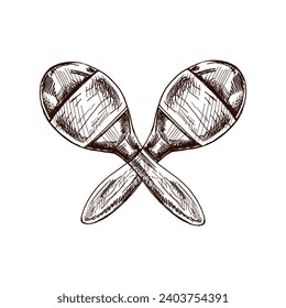 Hand-drawn sketch of maracas. Vintage drawing of Latin American musical instrument. Vector black ink outline illustration. Mexican culture. Latin America.