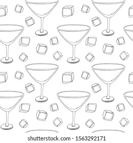 Hand-drawn sketch of martini glass. Seamless glassware background. Glassware pattern. Black and white style. Vintage. white background. a glass of shompansky, a glass for wine, a glass for margarita