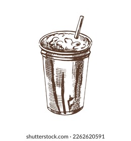 A hand-drawn sketch of milkshake with chocolate. Vintage illustration. Element for the design of labels, packaging and postcards.	