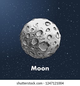 Hand-drawn sketch of moon in color, against a background of space. Detailed drawing in the style of vintage. Vector illustration