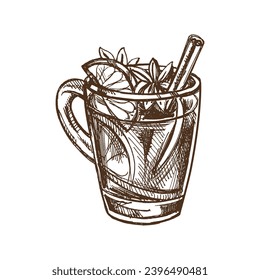 Hand-drawn sketch of mug with mulled wine.  Vector food drawing. A warming drink. Traditional Christmas drink. Vintage cozy seasonal holidays.  Good for menu.