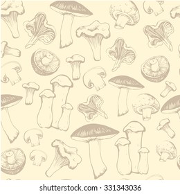Hand-drawn sketch of mushrooms. Seamless background. Fresh organic food.