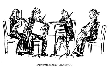 Hand-drawn sketch of musicians playing in quartet