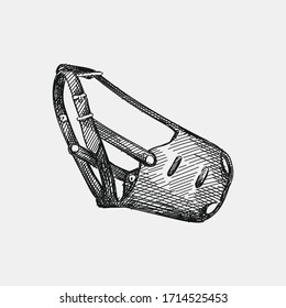 Hand-drawn sketch of Muzzle (mouth guard) on a white background. Leather muzzle. Pet supplies. Care for home animals. 