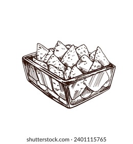 Hand-drawn sketch of nachos in a glass bowl. Vintage drawing of nachos. Vector black ink outline food sketch illustration. Mexican food, cuisine. An illustration for the menu. Latin America.