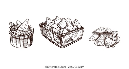 Hand-drawn sketch of nachos in a glass bowl, bowl with guacamole, nachos and parsley leaves with a handful of nachos. Vintage drawing of nachos. Mexican food, cuisine. 