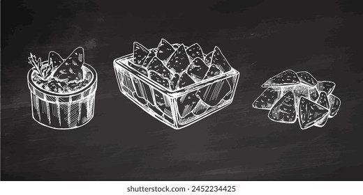 Hand-drawn sketch of nachos in a glass bowl, bowl with guacamole, nachos and parsley leaves with a handful of nachos. Vintage drawing on chalkboard background. Mexican food. 