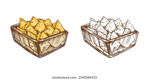 Boceto de nachos dibujado a mano en un tazón de vidrio. Dibujo de nachos en Antiguas. Ilustración de boceto de alimentos de contorno de tinta negra de Vector. Comida mexicana, cocina. Una ilustración para el menú. Latina América.