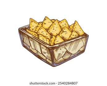 Boceto de nachos dibujado a mano en un tazón de vidrio. Dibujo de nachos en Antiguas. Ilustración de boceto de alimentos de contorno de tinta negra de Vector. Comida mexicana, cocina. Una ilustración para el menú. Latina América.