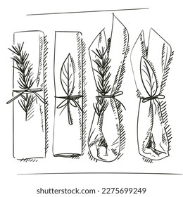 A hand-drawn sketch of napkins for a dinner service at a wedding ceremony. Decoration for the wedding ceremony. Beautifully folded napkins with additional decor. A portion. On a white background.