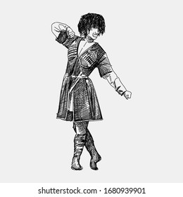 Hand-drawn sketch of national Azerbaijan dancer on a white background dancing lezginka in a national costume.