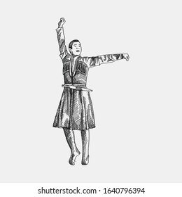 Hand-drawn sketch of National Azerbaijan Dancers. Boy dancing  in traditional clothes.