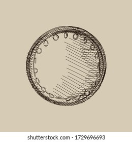 Hand-drawn sketch of National Azerbaijan Musical Instrument called tambourine - wood or plastic, with pairs of small metal jingles, called "zills"	
