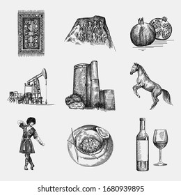 Hand-drawn sketch of national Azerbaijan symbols. Patterned carpet, qobustan rock, pomegranate, oil pump, Maiden tower, Karabakh horse on hind legs, lezginka dancer in a national costume