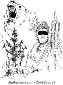 Hand-drawn sketch of a Native American elder holding a ceremonial staff, with a bear spirit and mountain landscape. Spiritual and cultural illustration in line art style.