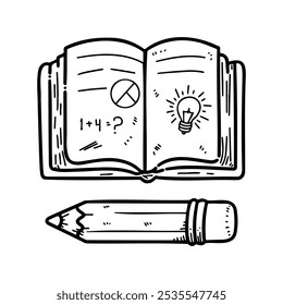 Hand-drawn sketch of a notebook and pencil on a white background