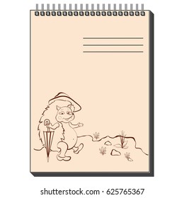 Hand-drawn sketch Notepad with cute drawings on the cover. Cheerful hedgehog goes on the track in the woods. Vector illustration of funny pictures of children.