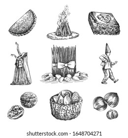 Hand-drawn sketch of Novruz holiday attributes. Shekerbura, Pakhlava, Samani, Hat full of pastries, Girl dancing in national clothes, Kosa