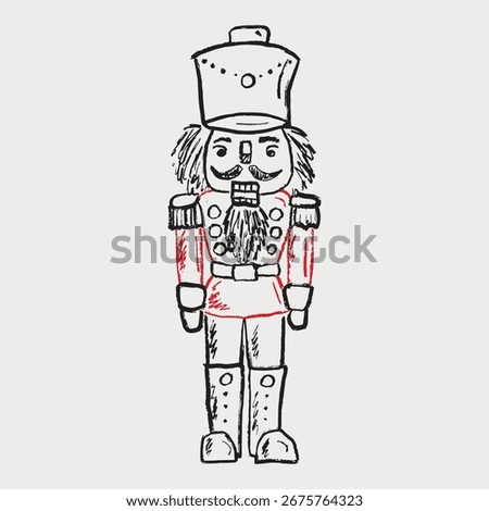 Hand-drawn sketch of a nutcracker figurine in a uniform with a hat and a beard, a classic symbol of Christmas. Vector sketch illustration in vintage crayon style. Print design, Christmas decoration