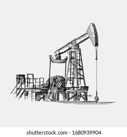 Hand-drawn sketch of oil pump for oil extracting. The main industry of Azerbaijan oil extracting. Oil and gas production