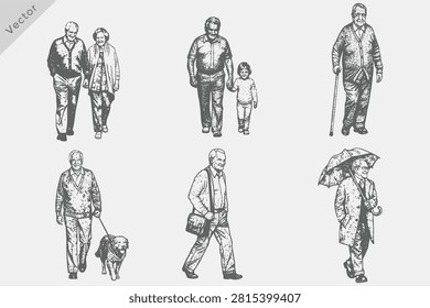 Hand-drawn sketch Old Man Walking with Umbrella vector illustration. Elderly Man Walking, Couple Walking in vintage engraving style Isolated Retro