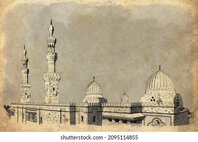 Un boceto hecho a mano con el antiguo efecto vintage de papel de la Khanqah de la mezquita Faraj ibn Barquq en El Cairo, Egipto. Arquitectura islámica 